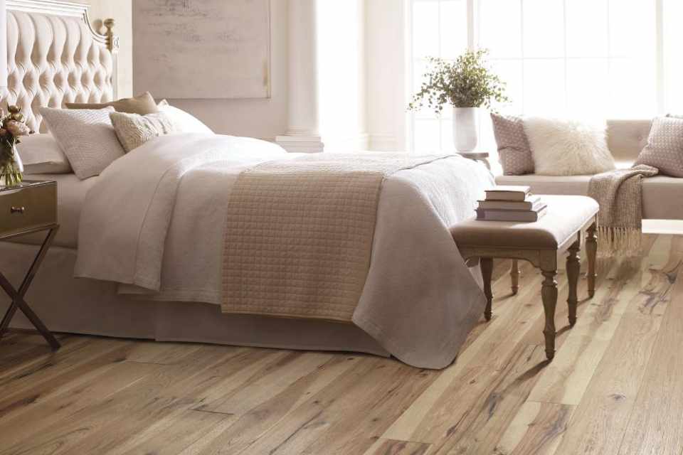 hickory hardwood in classic luxe bedroom  
